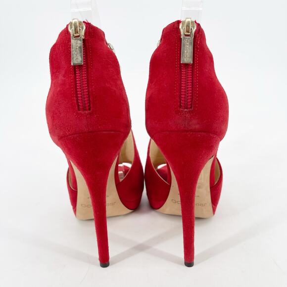 Jimmy Choo Farah Red Suede Crystal Trim Peep Toe Platform Sandal Heel IT 38.5 - Picture 9 of 14